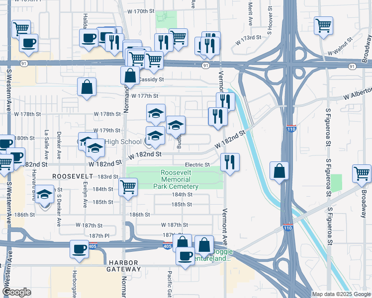 map of restaurants, bars, coffee shops, grocery stores, and more near 1142 Felder Street in Gardena