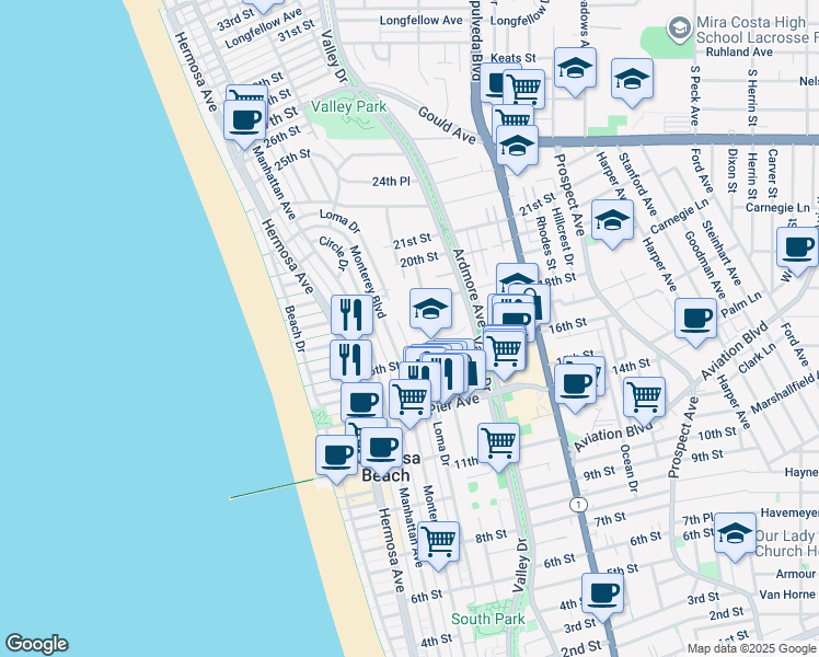 map of restaurants, bars, coffee shops, grocery stores, and more near 1770 Valley Park Avenue in Hermosa Beach