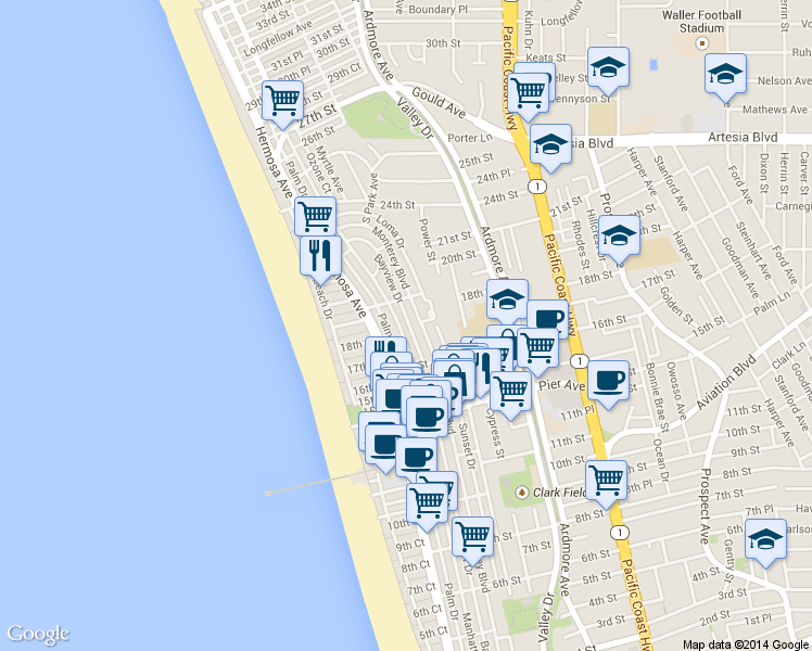 map of restaurants, bars, coffee shops, grocery stores, and more near 1818 Monterey Boulevard in Hermosa Beach