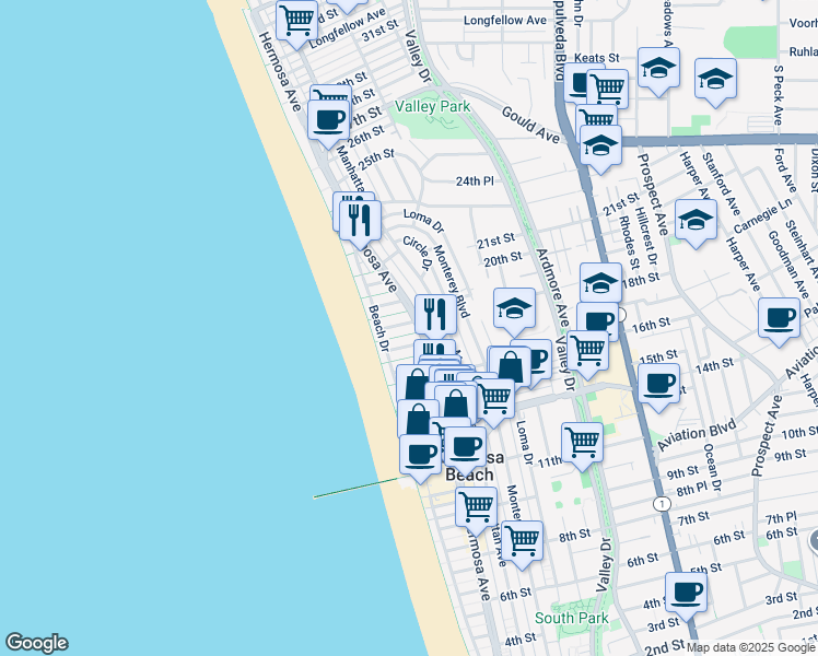 map of restaurants, bars, coffee shops, grocery stores, and more near in Hermosa Beach