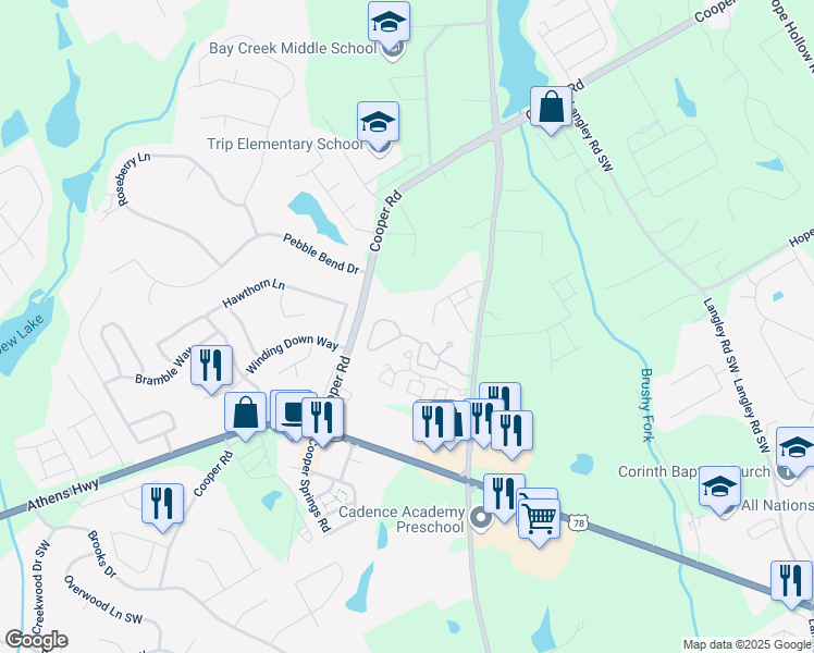 map of restaurants, bars, coffee shops, grocery stores, and more near 962 Cooper Road in Grayson