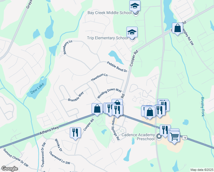 map of restaurants, bars, coffee shops, grocery stores, and more near 2775 Storybook Court in Grayson