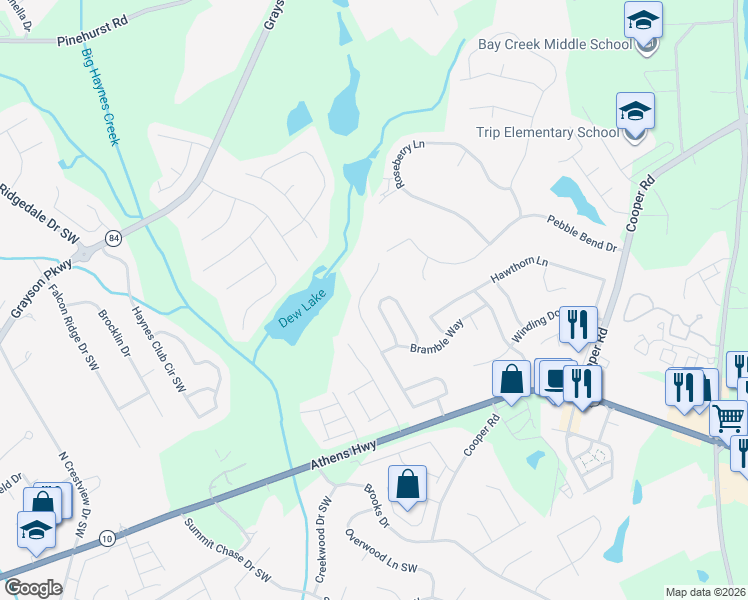 map of restaurants, bars, coffee shops, grocery stores, and more near 2662 Meadow Trace Drive in Grayson