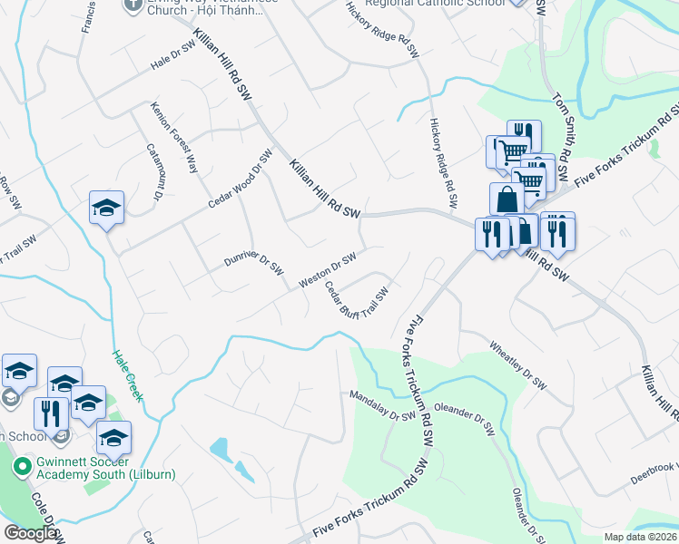 map of restaurants, bars, coffee shops, grocery stores, and more near 4310 Weston Drive Southwest in Lilburn
