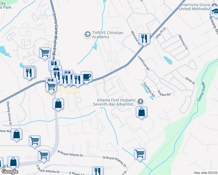 map of restaurants, bars, coffee shops, grocery stores, and more near 6286 Spring Knoll Court in Tucker