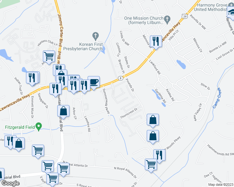 map of restaurants, bars, coffee shops, grocery stores, and more near 195 Bellewood Oak Drive in Tucker