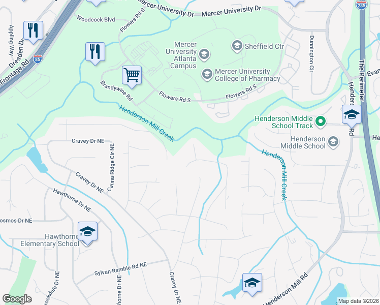map of restaurants, bars, coffee shops, grocery stores, and more near 2836 Rangewood Terrace in Atlanta