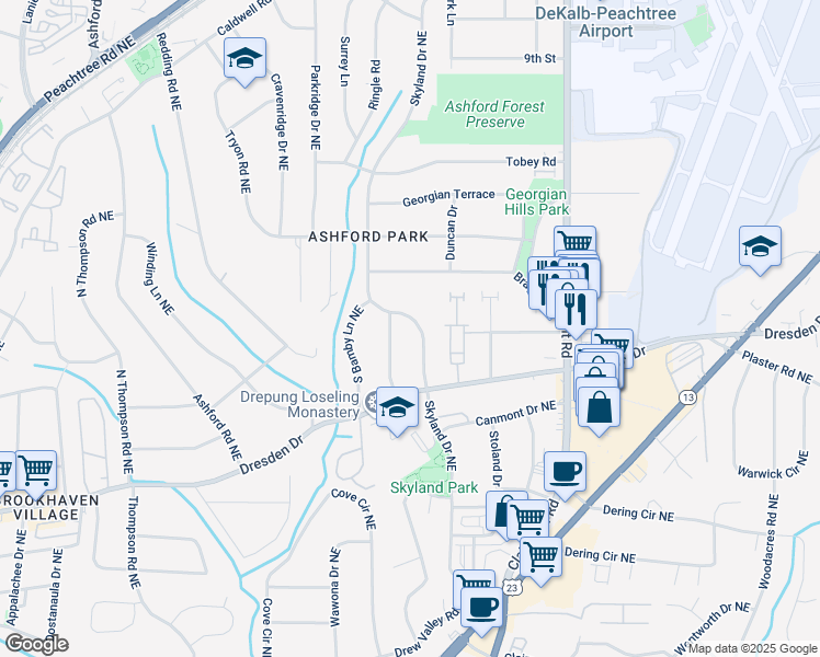 map of restaurants, bars, coffee shops, grocery stores, and more near 2734 Skyland Drive Northeast in Atlanta