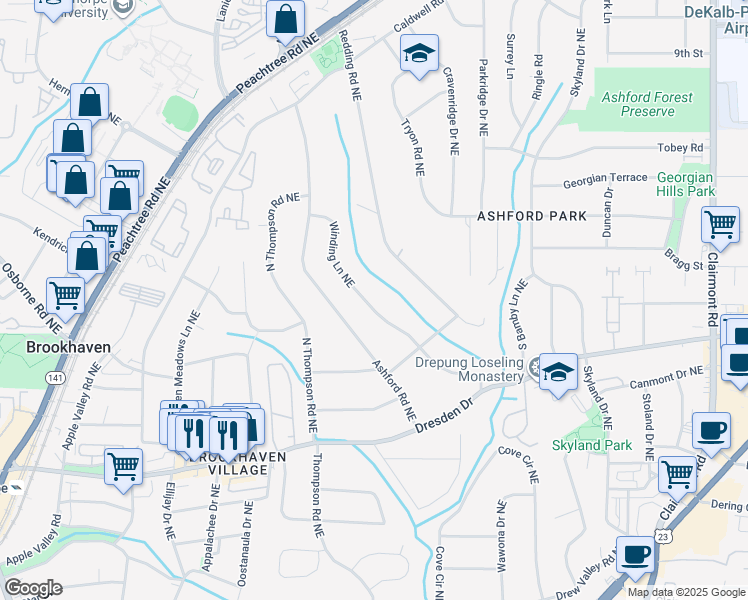 map of restaurants, bars, coffee shops, grocery stores, and more near 2711 Winding Lane Northeast in Atlanta