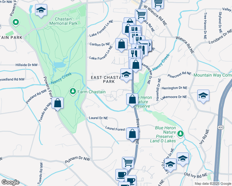 map of restaurants, bars, coffee shops, grocery stores, and more near 4113 Chastain Drive Northeast in Atlanta