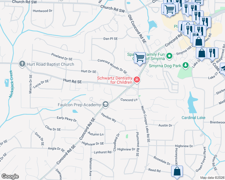 map of restaurants, bars, coffee shops, grocery stores, and more near 1087 Berkley Drive Southeast in Smyrna
