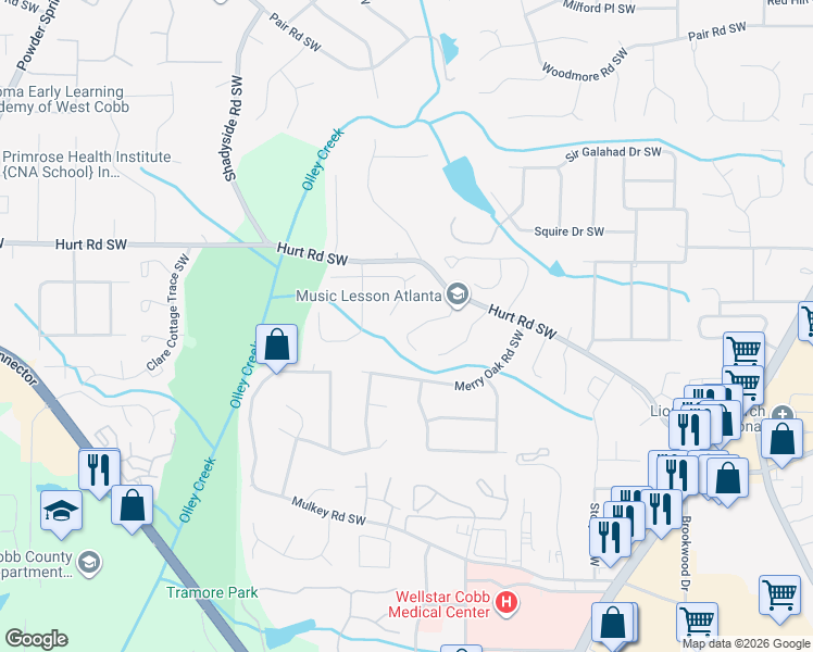 map of restaurants, bars, coffee shops, grocery stores, and more near 3573 Main Station Drive Southwest in Marietta