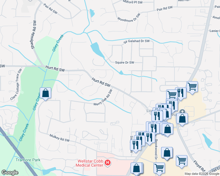 map of restaurants, bars, coffee shops, grocery stores, and more near 1702 Merry Oak Road Southwest in Marietta