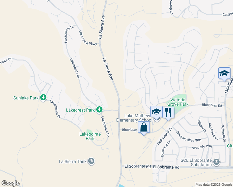 map of restaurants, bars, coffee shops, grocery stores, and more near 17401 La Sierra Avenue in Riverside