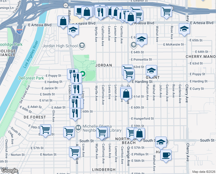 map of restaurants, bars, coffee shops, grocery stores, and more near 6165 Lewis Avenue in Long Beach