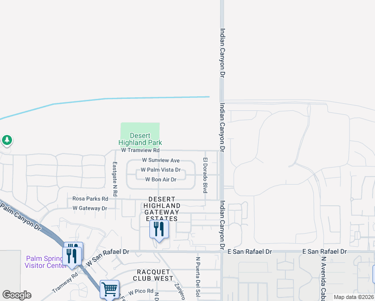 map of restaurants, bars, coffee shops, grocery stores, and more near 295 West Tramview Road in Palm Springs