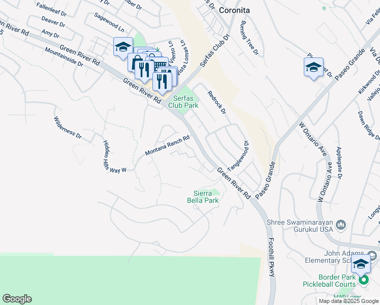 map of restaurants, bars, coffee shops, grocery stores, and more near 2400 Del Mar Way in Corona