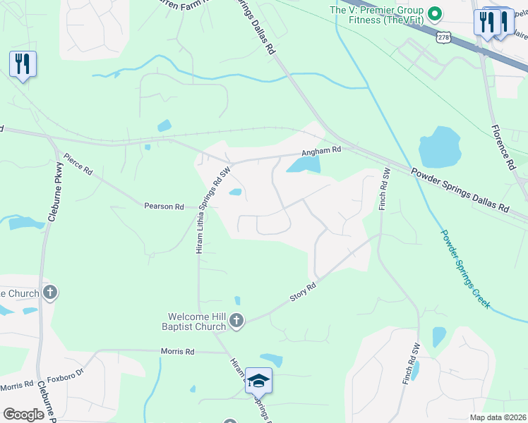 map of restaurants, bars, coffee shops, grocery stores, and more near 5678 Walnut Mill Lane in Powder Springs