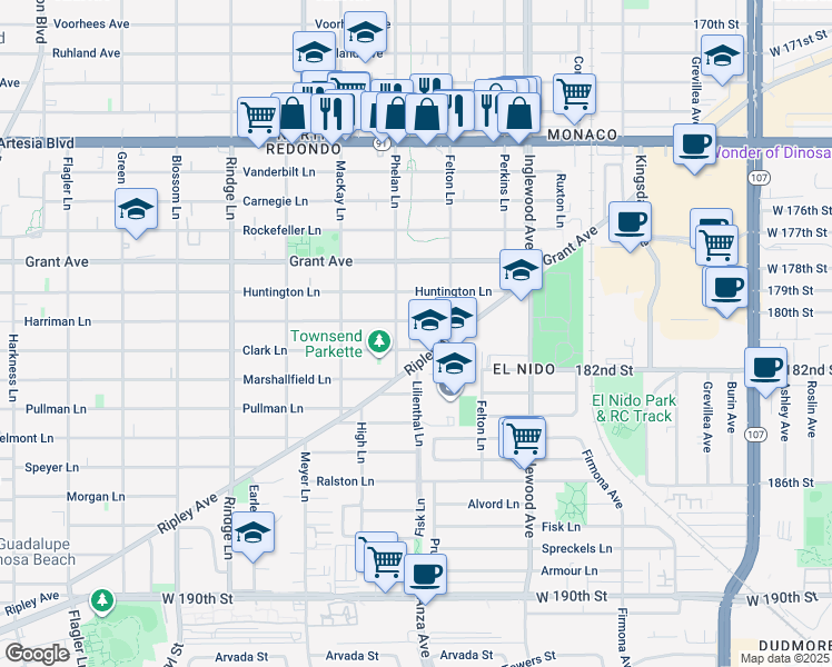 map of restaurants, bars, coffee shops, grocery stores, and more near 2508 Harriman Lane in Redondo Beach