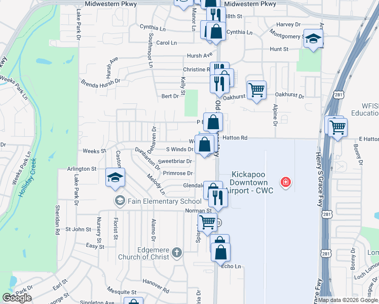 map of restaurants, bars, coffee shops, grocery stores, and more near 1521 South Winds Drive in Wichita Falls