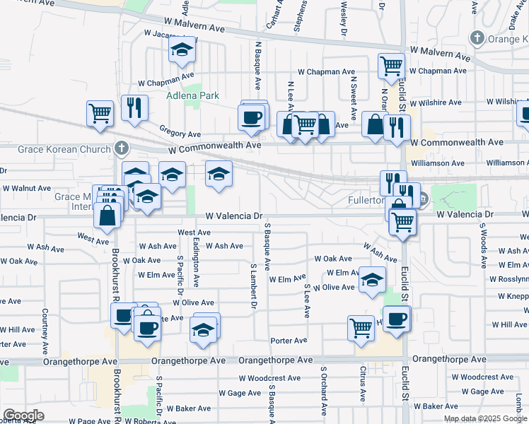 map of restaurants, bars, coffee shops, grocery stores, and more near 1375 West Valencia Drive in Fullerton