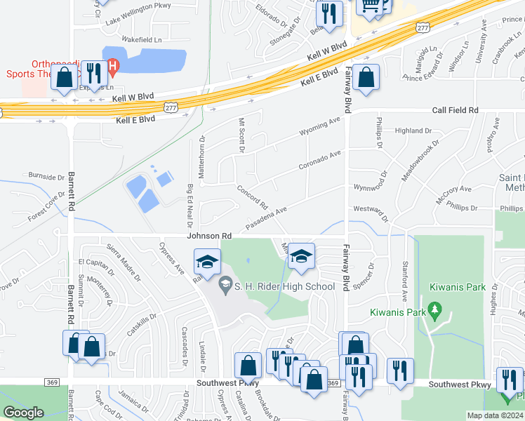 map of restaurants, bars, coffee shops, grocery stores, and more near 4800 Pasadena Avenue in Wichita Falls