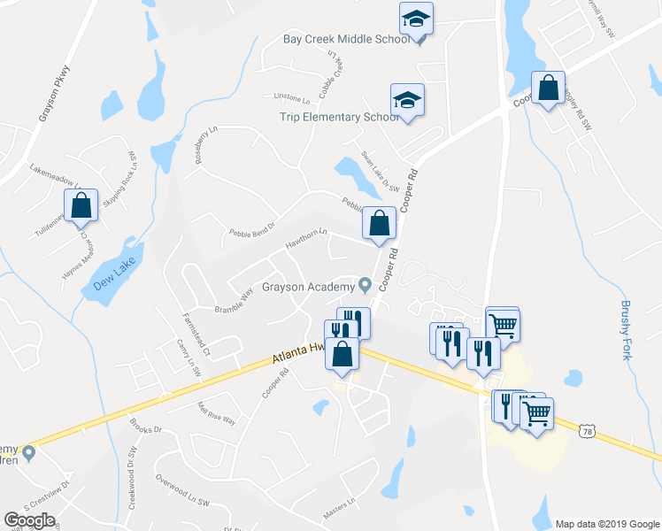map of restaurants, bars, coffee shops, grocery stores, and more near 2775 Storybook Court in Grayson