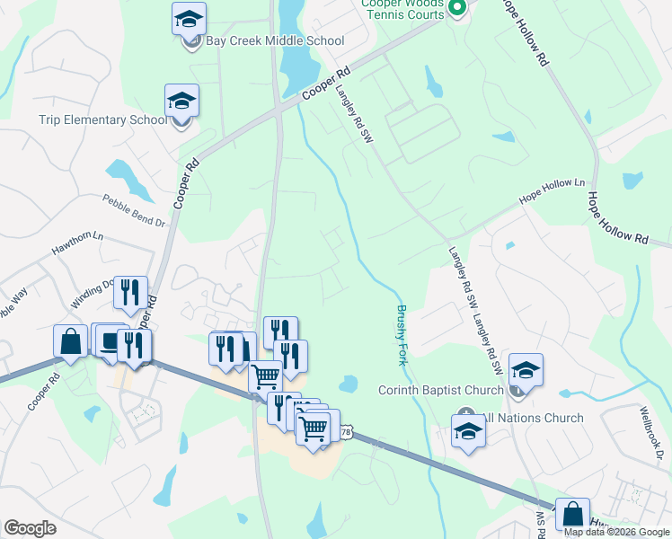 map of restaurants, bars, coffee shops, grocery stores, and more near 2864 Rosebud Road in Loganville
