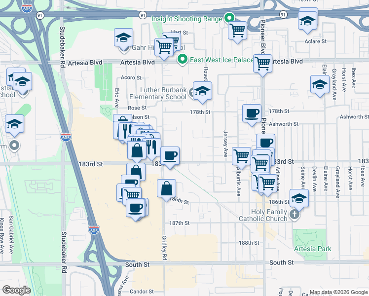 map of restaurants, bars, coffee shops, grocery stores, and more near 18022 Summer Avenue in Artesia