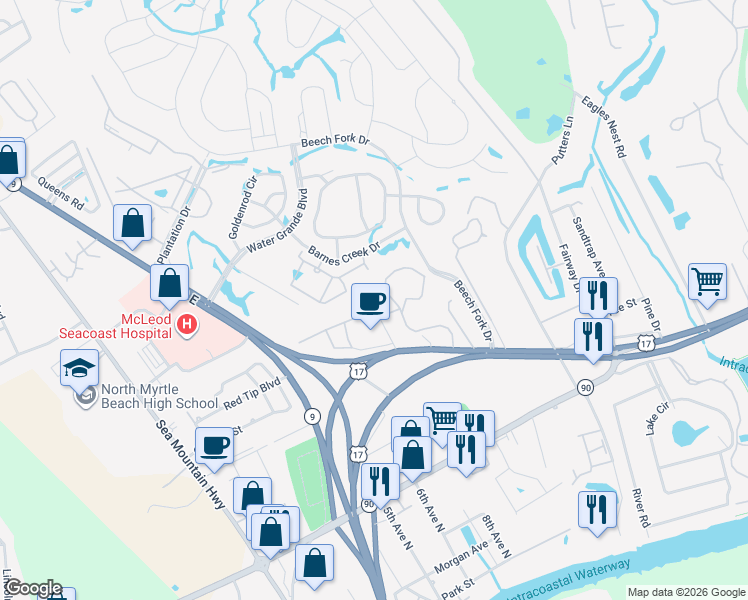 map of restaurants, bars, coffee shops, grocery stores, and more near 4357 Spa Drive in Little River