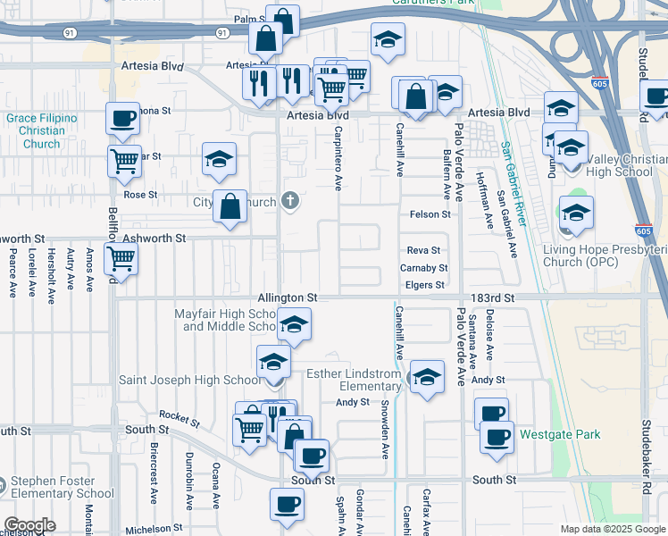 map of restaurants, bars, coffee shops, grocery stores, and more near 6139 Carpintero Avenue in Lakewood
