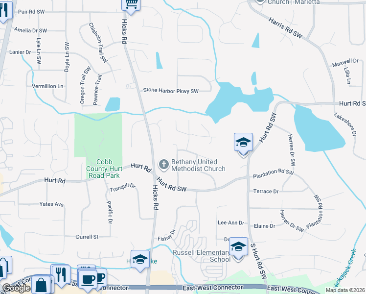map of restaurants, bars, coffee shops, grocery stores, and more near 710 Montclair Drive in Smyrna