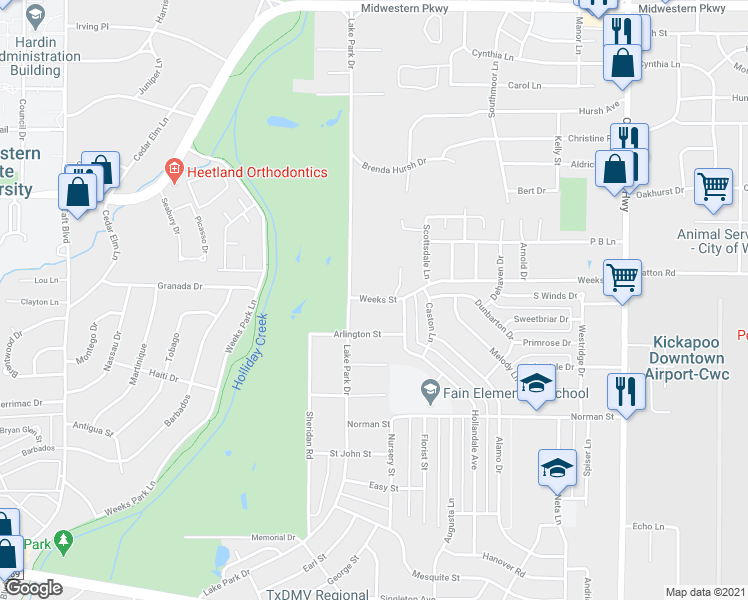 map of restaurants, bars, coffee shops, grocery stores, and more near 1605 Weeks Street in Wichita Falls