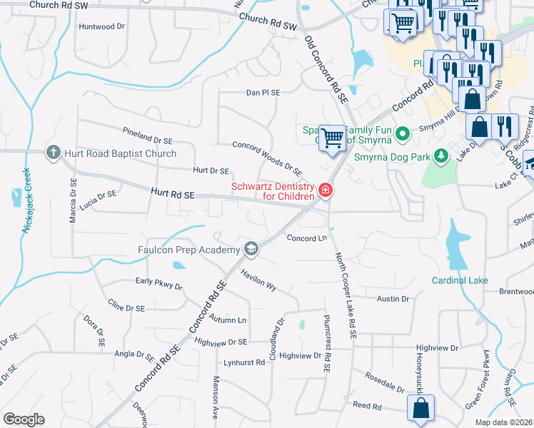 map of restaurants, bars, coffee shops, grocery stores, and more near 1087 Berkley Drive Southeast in Smyrna