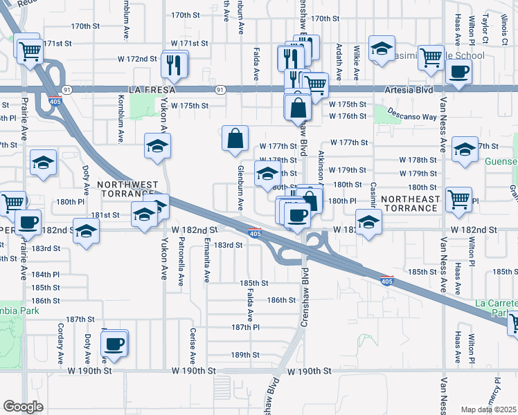 map of restaurants, bars, coffee shops, grocery stores, and more near 18028 Falda Avenue in Torrance
