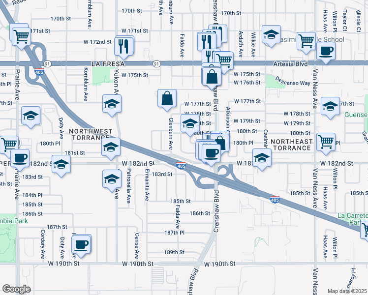 map of restaurants, bars, coffee shops, grocery stores, and more near 18028 Falda Avenue in Torrance