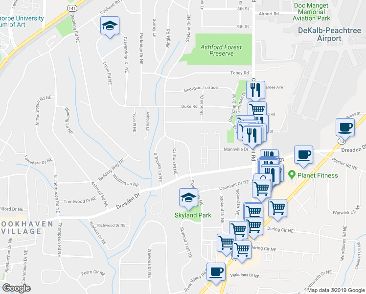 map of restaurants, bars, coffee shops, grocery stores, and more near 2734 Skyland Drive Northeast in Atlanta