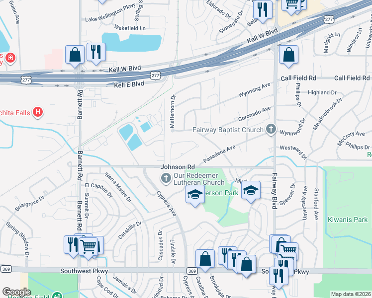 map of restaurants, bars, coffee shops, grocery stores, and more near 4830 Shenandoah Drive in Wichita Falls