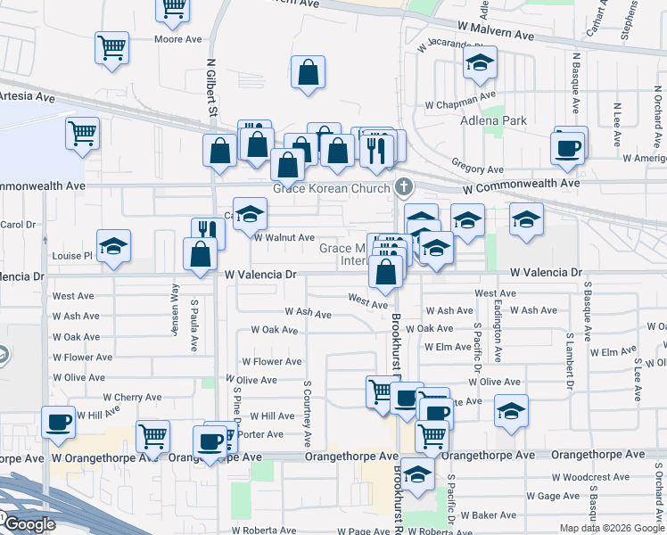 map of restaurants, bars, coffee shops, grocery stores, and more near 224 South Muroc Place in Fullerton