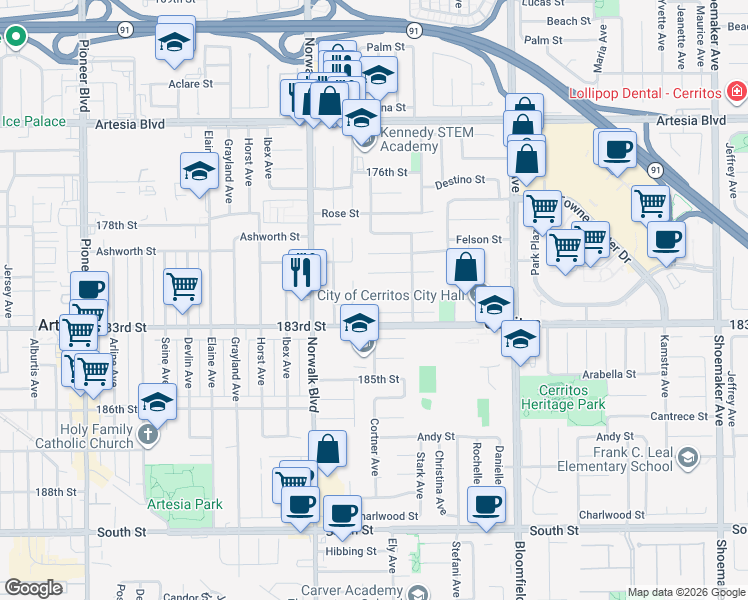 map of restaurants, bars, coffee shops, grocery stores, and more near 12314 Carnaby Street in Cerritos