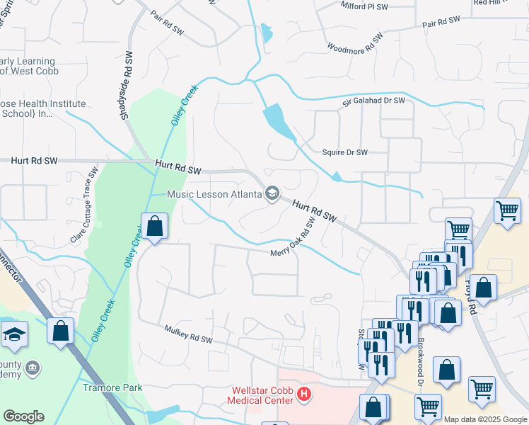 map of restaurants, bars, coffee shops, grocery stores, and more near 3598 Main Station Drive Southwest in Marietta