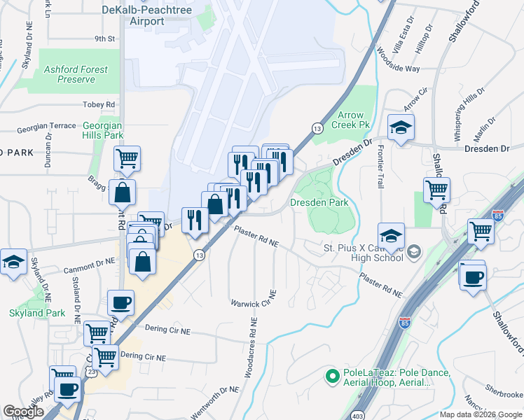 map of restaurants, bars, coffee shops, grocery stores, and more near 4285 Buford Highway Northeast in Chamblee