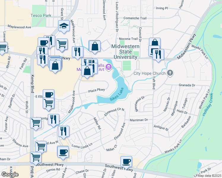 map of restaurants, bars, coffee shops, grocery stores, and more near 2649 Plaza Parkway in Wichita Falls