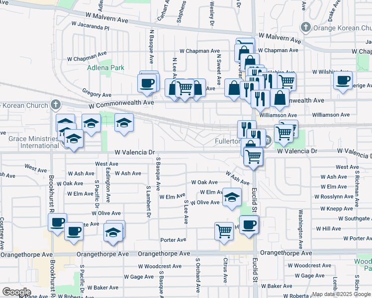 map of restaurants, bars, coffee shops, grocery stores, and more near 1305 West Valencia Drive in Fullerton