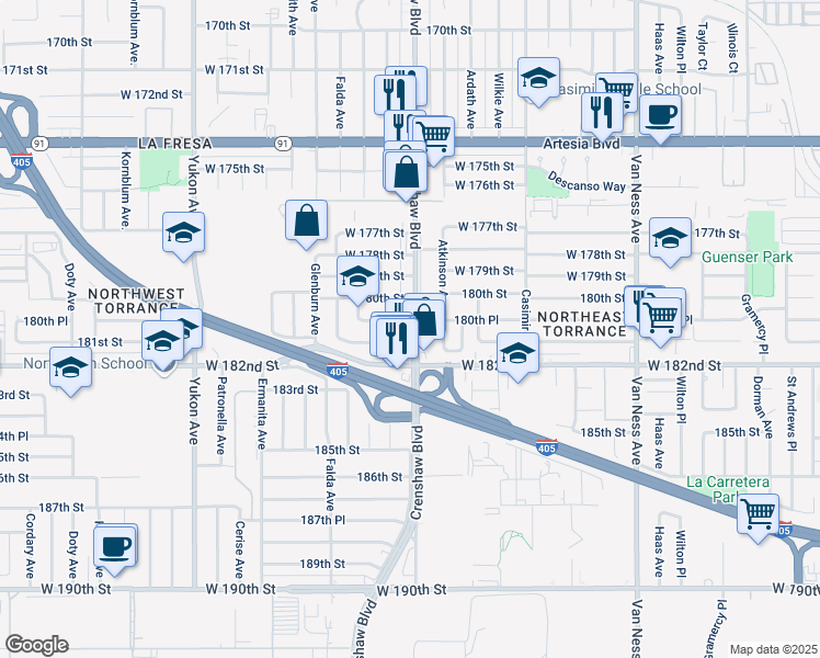 map of restaurants, bars, coffee shops, grocery stores, and more near 18034 Crenshaw Boulevard in Torrance
