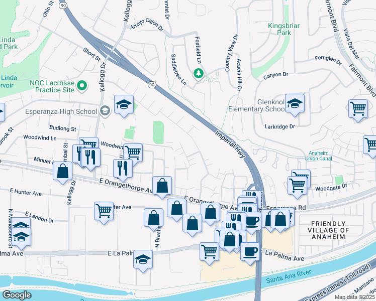 map of restaurants, bars, coffee shops, grocery stores, and more near 1770 North Cedar Glen Drive in Anaheim