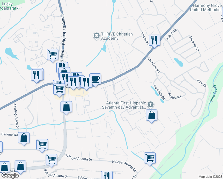 map of restaurants, bars, coffee shops, grocery stores, and more near 6177 Bellewood Ash Northwest Lane in Tucker