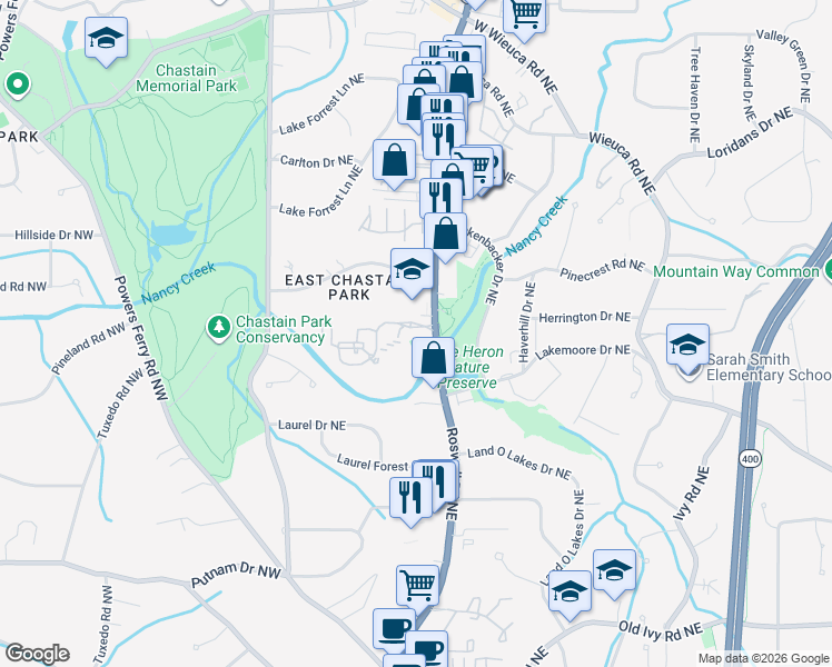 map of restaurants, bars, coffee shops, grocery stores, and more near 4090 Roswell Road Northeast in Atlanta