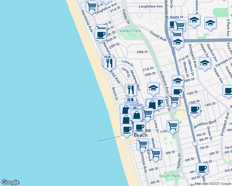 map of restaurants, bars, coffee shops, grocery stores, and more near 17 19th Court in Hermosa Beach