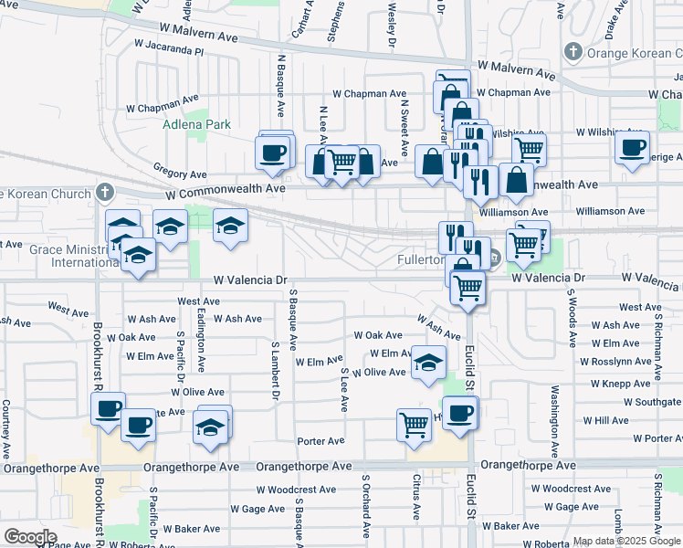 map of restaurants, bars, coffee shops, grocery stores, and more near 1305 West Valencia Drive in Fullerton
